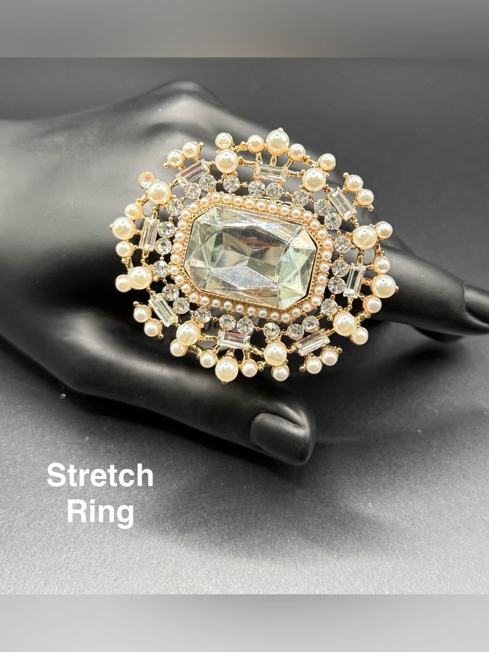 Gold-Tone Pearl & Crystal Stretch Ring